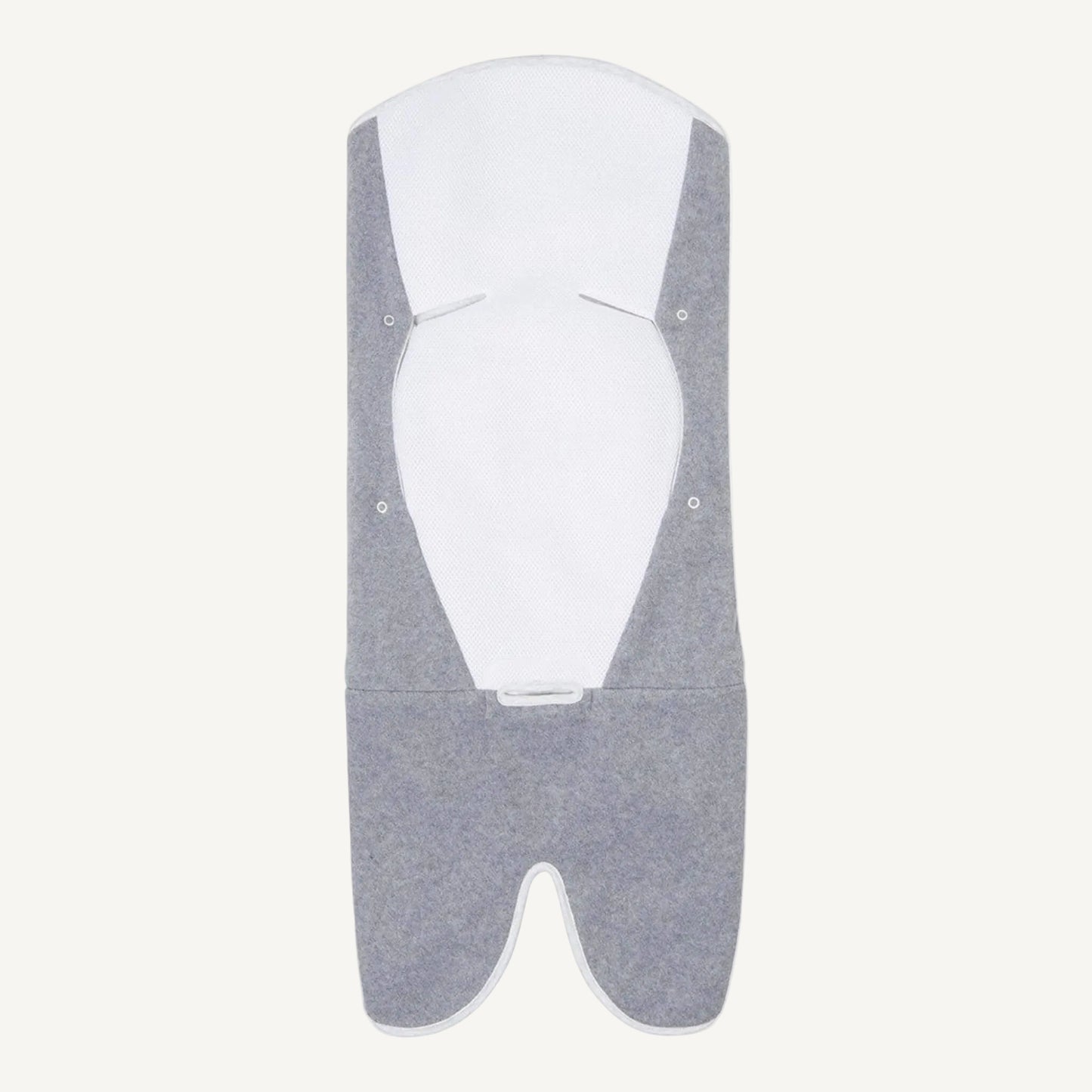 Travel blanket shown open lengthways with mesh interior head panel, darker grey fleece body and light grey fabric along the edges.