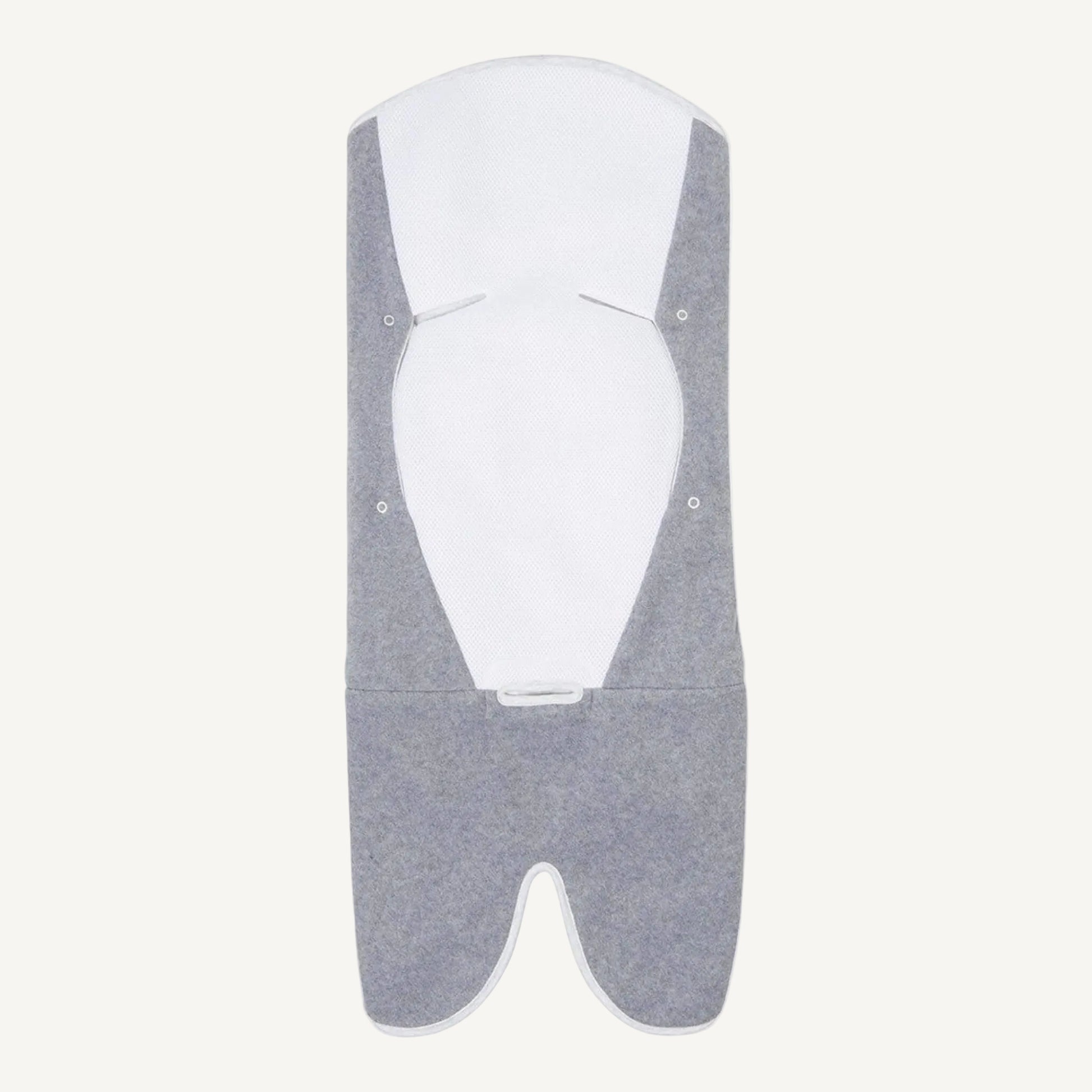 Travel blanket shown open lengthways with mesh interior head panel, darker grey fleece body and light grey fabric along the edges.