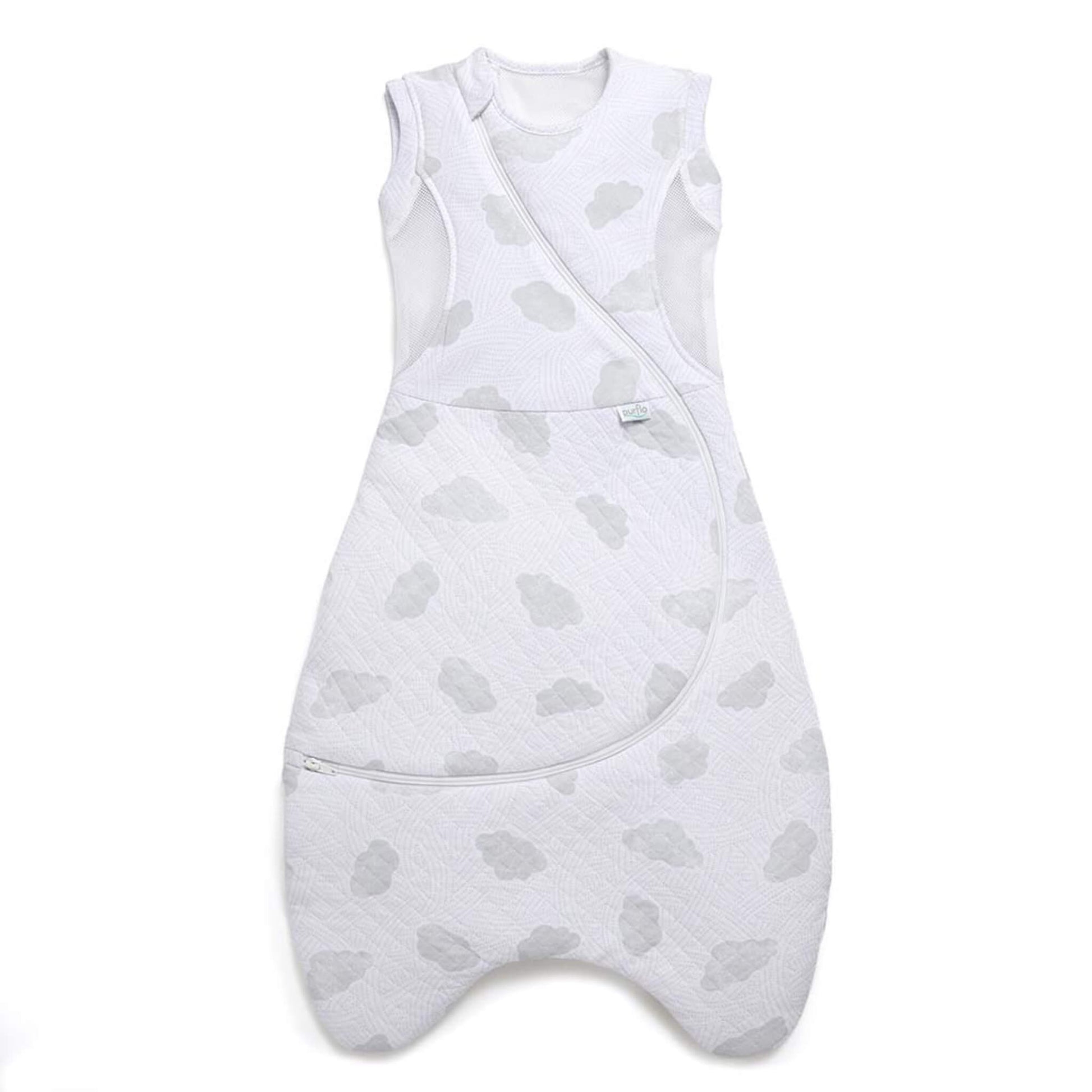A Purflo Cuddle to Sleep Bag shown laid flat in a white quilted fabric with a soft grey cloud pattern, sleeveless design and breathable mesh panels around the shoulders.