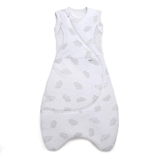A Purflo Cuddle to Sleep Bag shown laid flat in a white quilted fabric with a soft grey cloud pattern, sleeveless design and breathable mesh panels around the shoulders.