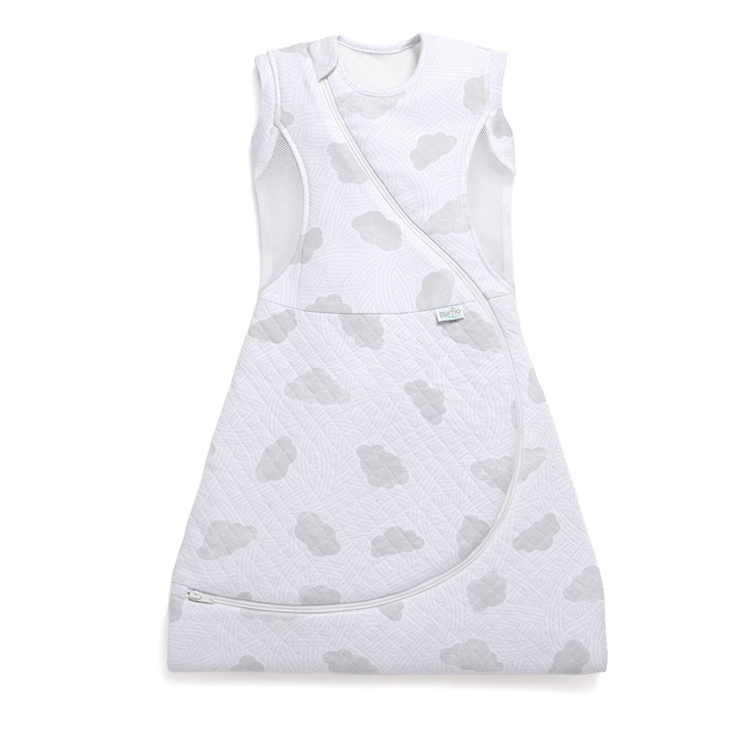 A close-up view of a sleeveless quilted sleep bag with breathable mesh panels at the sides and a curved zip running across the front.