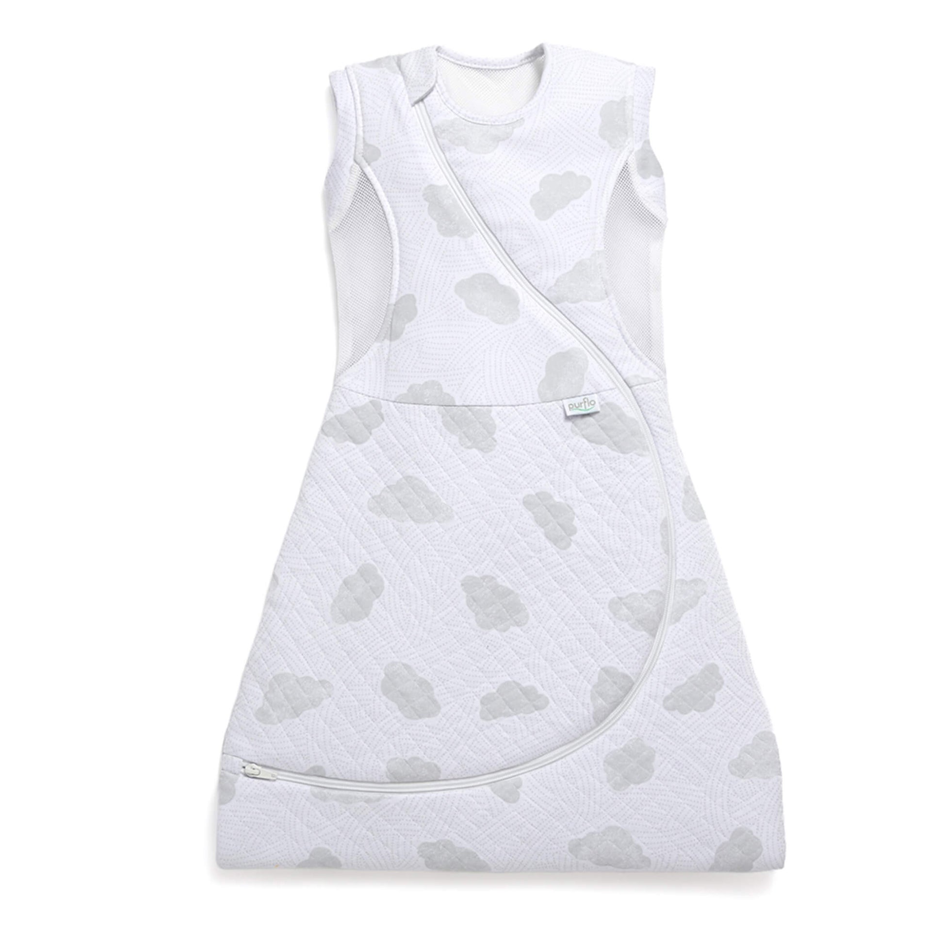 A close-up view of a sleeveless quilted sleep bag with breathable mesh panels at the sides and a curved zip running across the front.