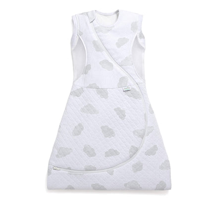 A close-up view of a sleeveless quilted sleep bag with breathable mesh panels at the sides and a curved zip running across the front.