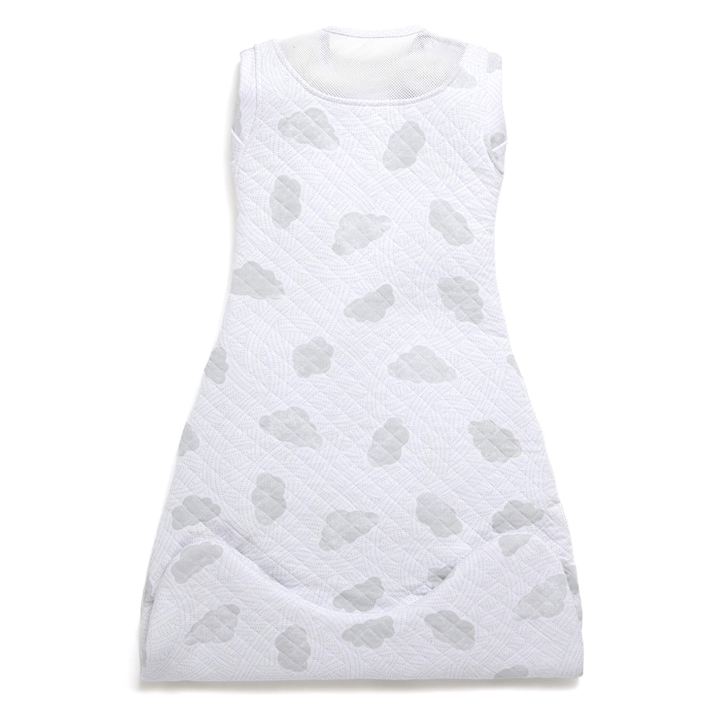 A white quilted sleep bag with a grey cloud pattern displayed flat from the back, showing a smooth fabric panel and lightly curved lower section.