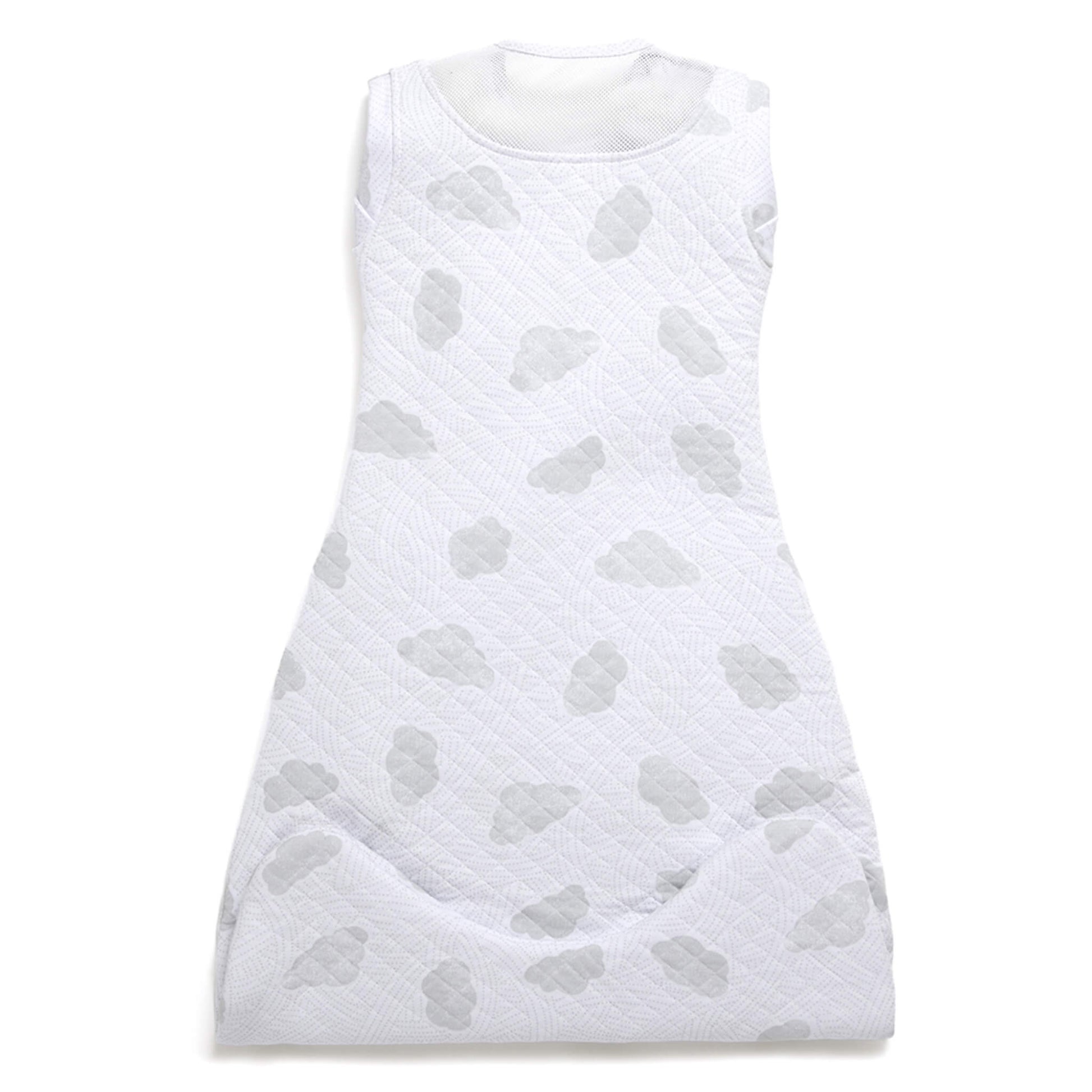 A white quilted sleep bag with a grey cloud pattern displayed flat from the back, showing a smooth fabric panel and lightly curved lower section.