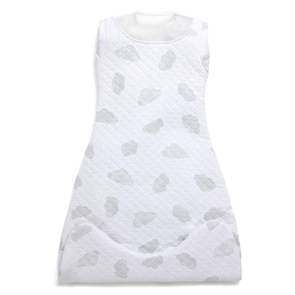 A white quilted sleep bag with a grey cloud pattern displayed flat from the back, showing a smooth fabric panel and lightly curved lower section.