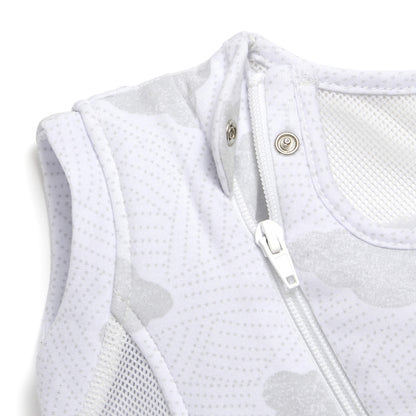 A close-up of the neckline and upper zip area on a sleep bag, showing a safety popper beside the zip and breathable mesh around the arm opening.