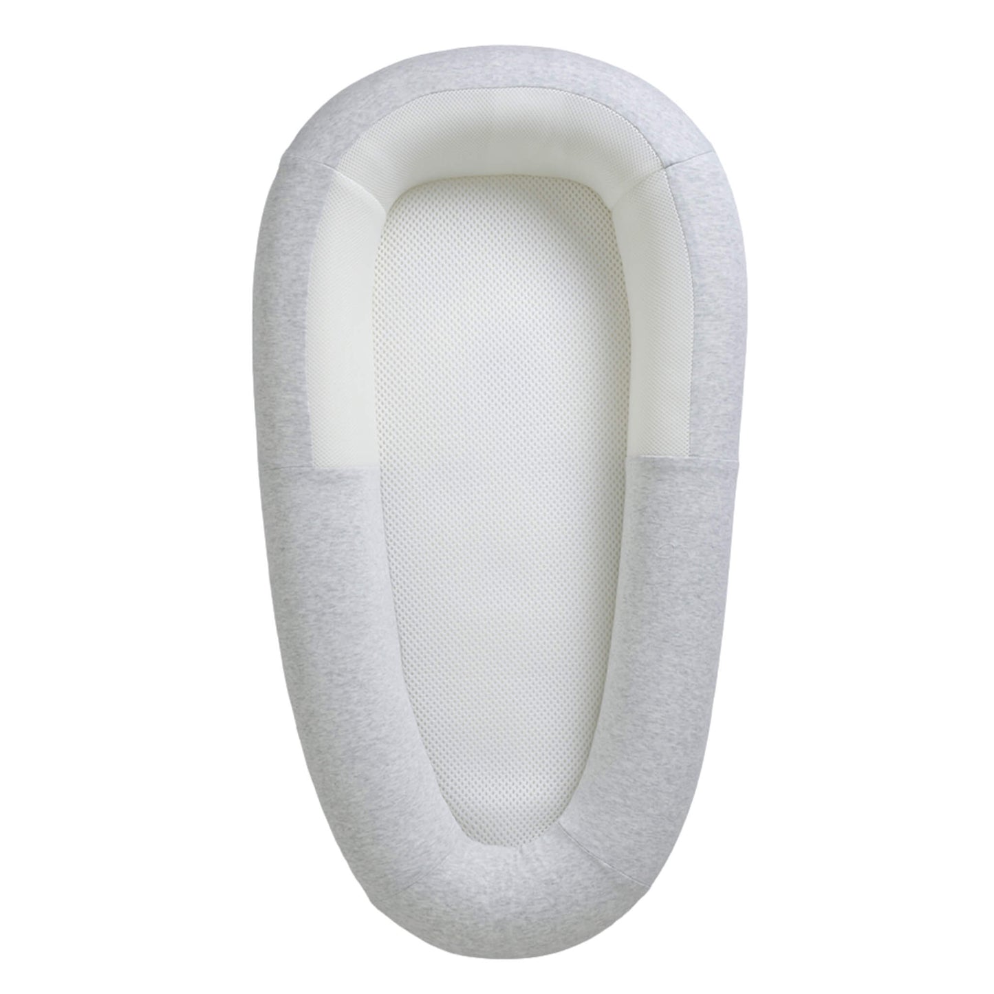 Purflo Sleep Tight Baby Bed in Minimal Grey with breathable mesh base and softly structured sides, shown from above as a clear, contained resting space for baby.