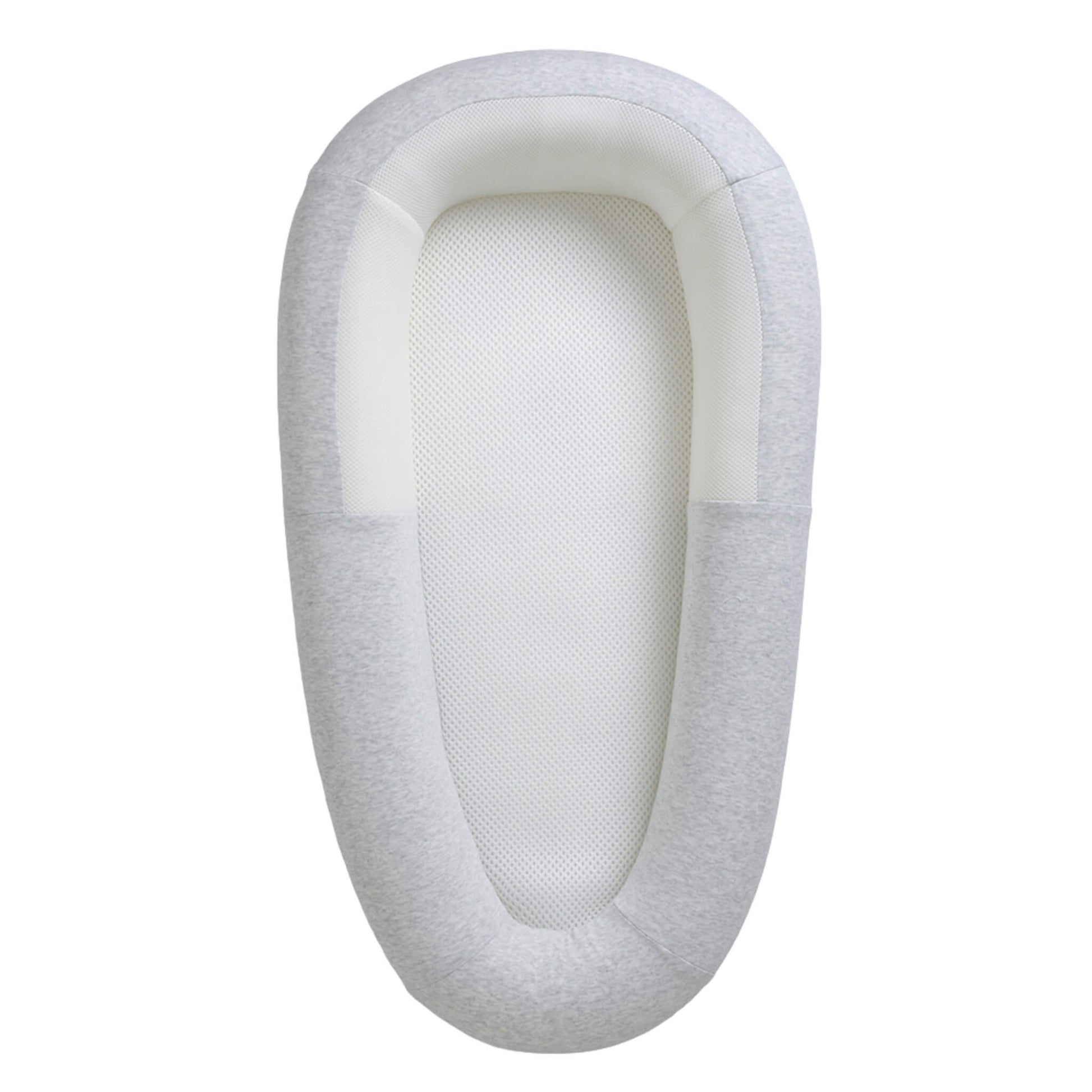 Purflo Sleep Tight Baby Bed in Minimal Grey with breathable mesh base and softly structured sides, shown from above as a clear, contained resting space for baby.