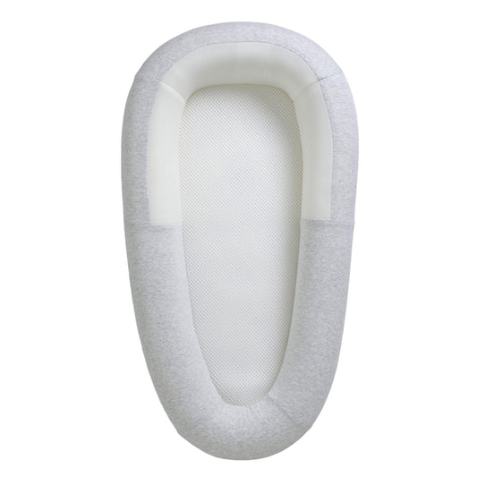 Purflo Sleep Tight Baby Bed in Minimal Grey with breathable mesh base and softly structured sides, shown from above as a clear, contained resting space for baby.