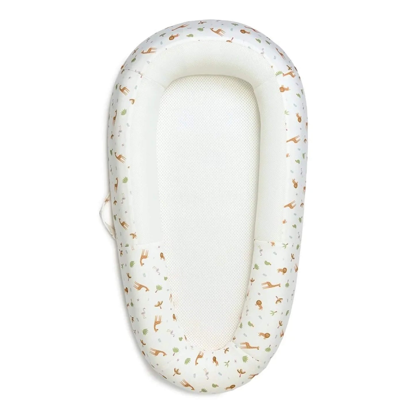 Purflo Sleep Tight Baby Bed with Savannah Slumber design shown from above with a white breathable mesh mattress and softly structured sides printed with safari animals.