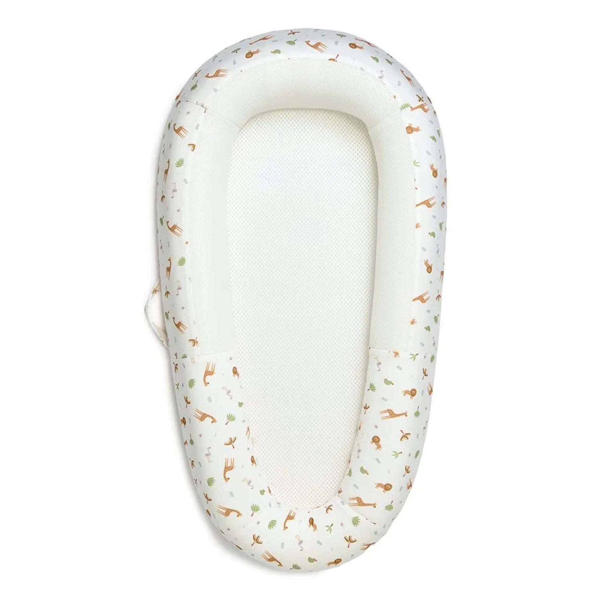 Purflo Sleep Tight Baby Bed with Savannah Slumber design shown from above with a white breathable mesh mattress and softly structured sides printed with safari animals.