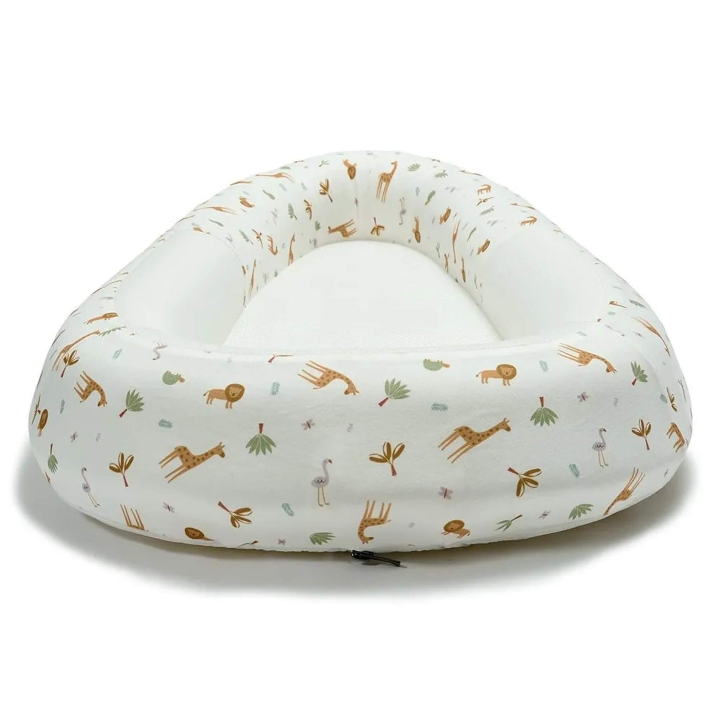 A baby bed shown from the front, featuring raised structured sides, a firm flat inner surface, and a safari animal print outer.