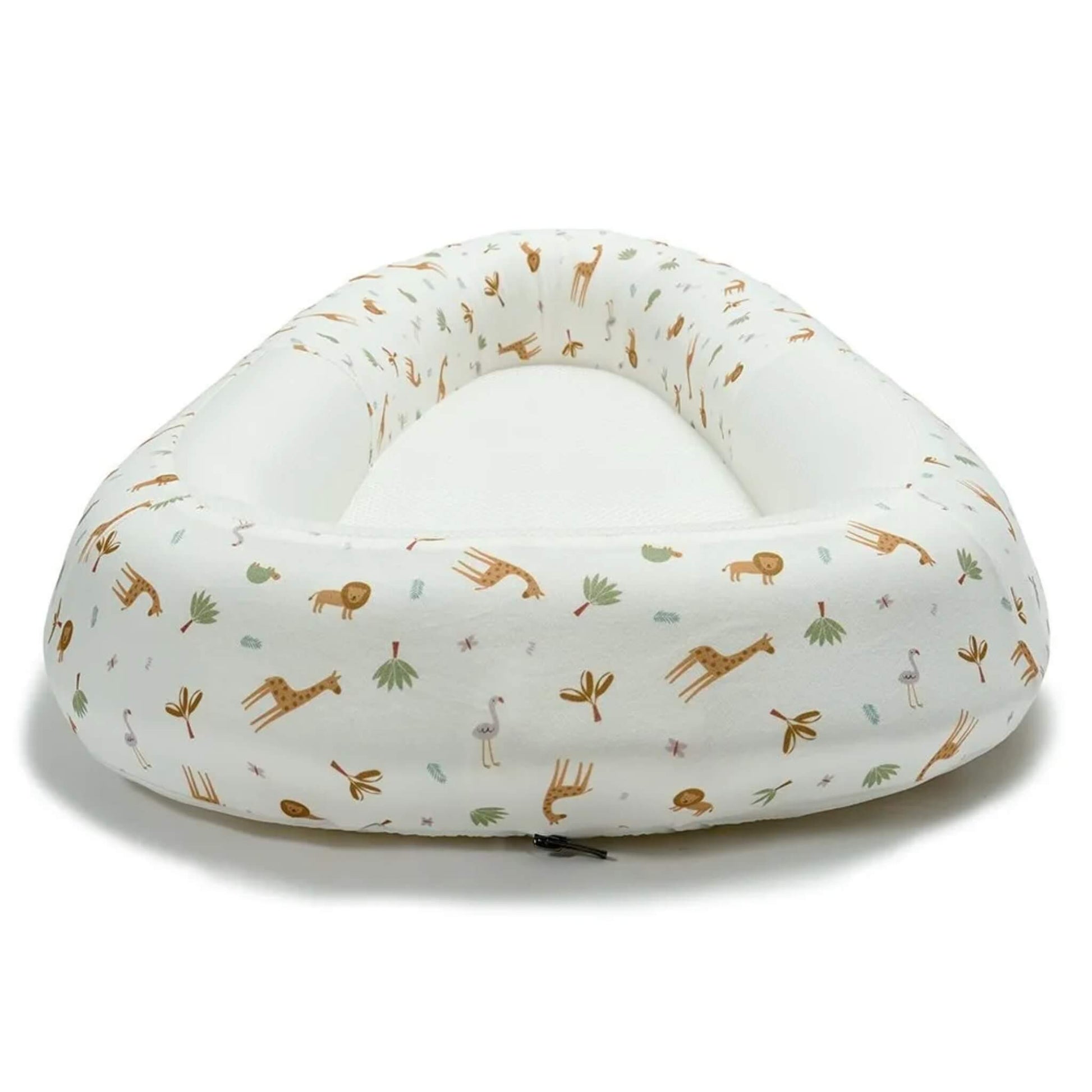 A baby bed shown from the front, featuring raised structured sides, a firm flat inner surface, and a safari animal print outer.