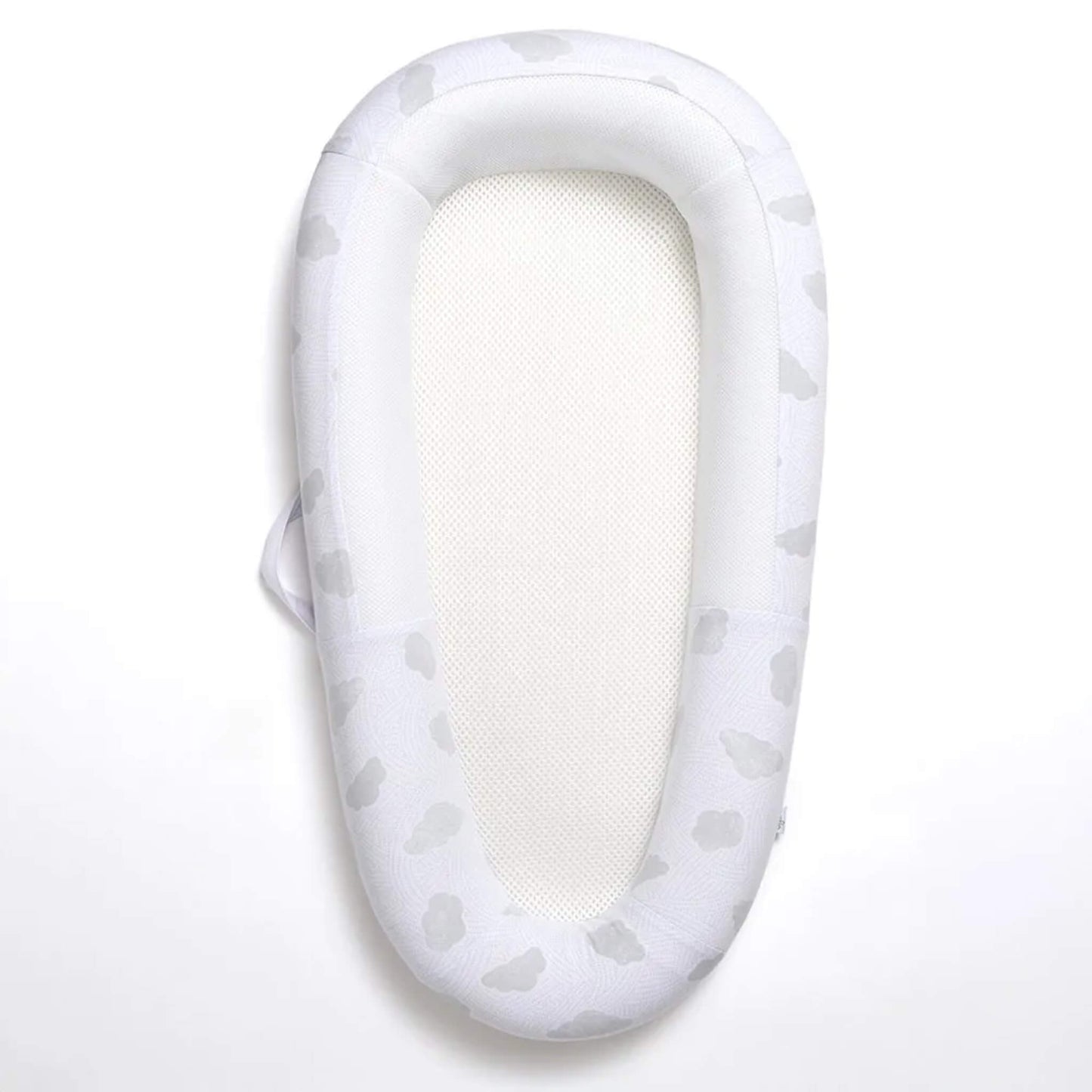 Purflo Sleep Tight Baby Bed Spare Cover with cotton clouds design, showing a removable interlock cotton cover with breathable mesh panel through the centre.