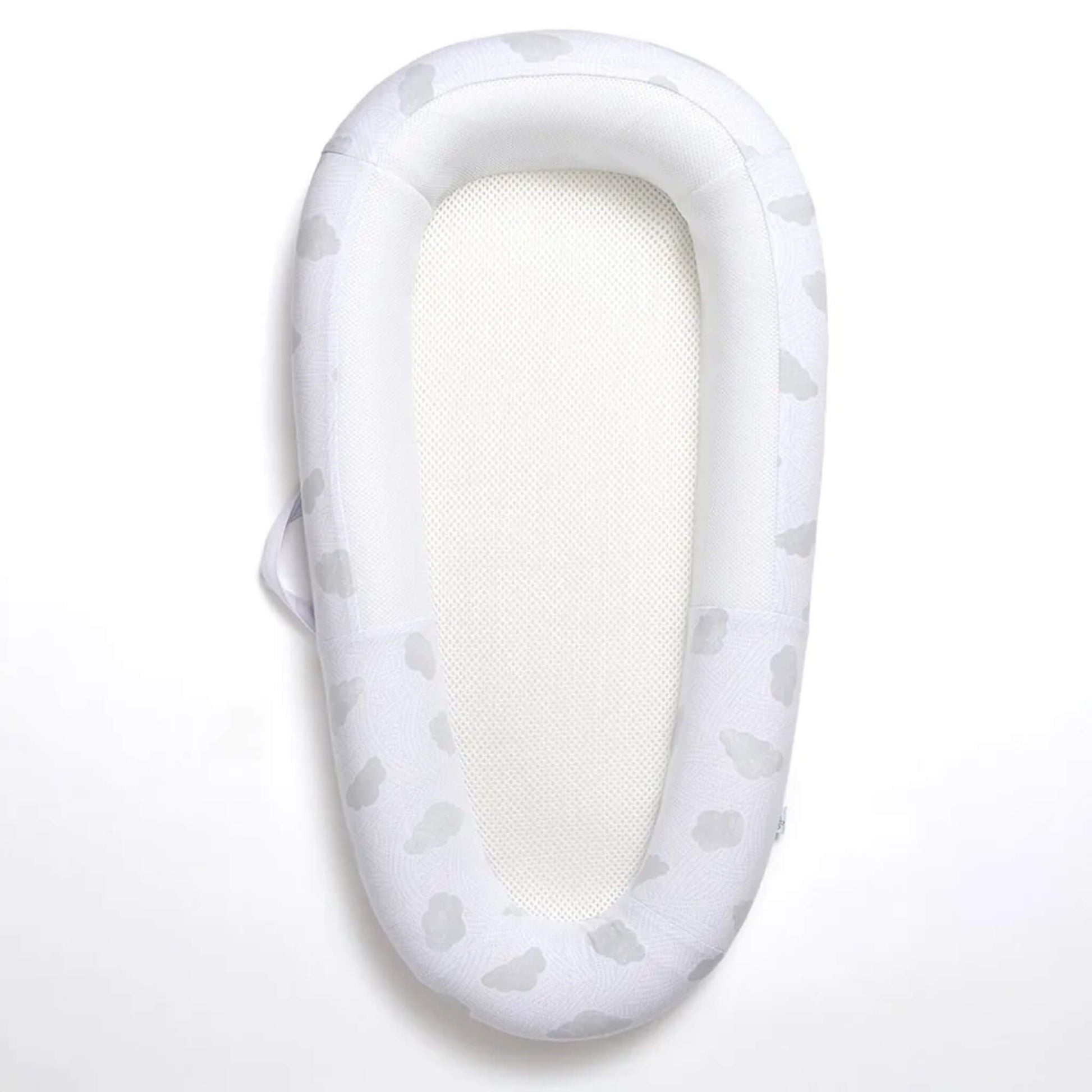 Purflo Sleep Tight Baby Bed Spare Cover with cotton clouds design, showing a removable interlock cotton cover with breathable mesh panel through the centre.