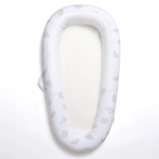 Purflo Sleep Tight Baby Bed Spare Cover with cotton clouds design, showing a removable interlock cotton cover with breathable mesh panel through the centre.