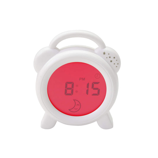 Purflo Snoozee Sleep Trainer Clock showing red bedtime display with PM time, moon icon and carry handle, designed to signal sleep time using red light technology.