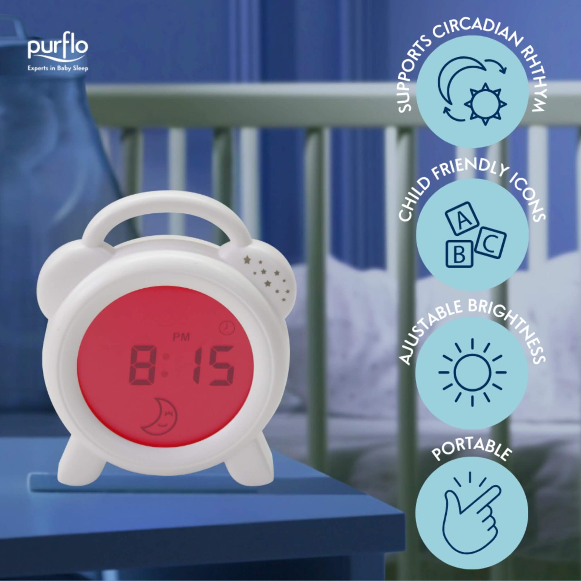 Sleep trainer clock placed on bedside table in a child’s bedroom, showing red bedtime display with icons highlighting circadian rhythm support, child-friendly icons, adjustable brightness and portable rechargeable design.