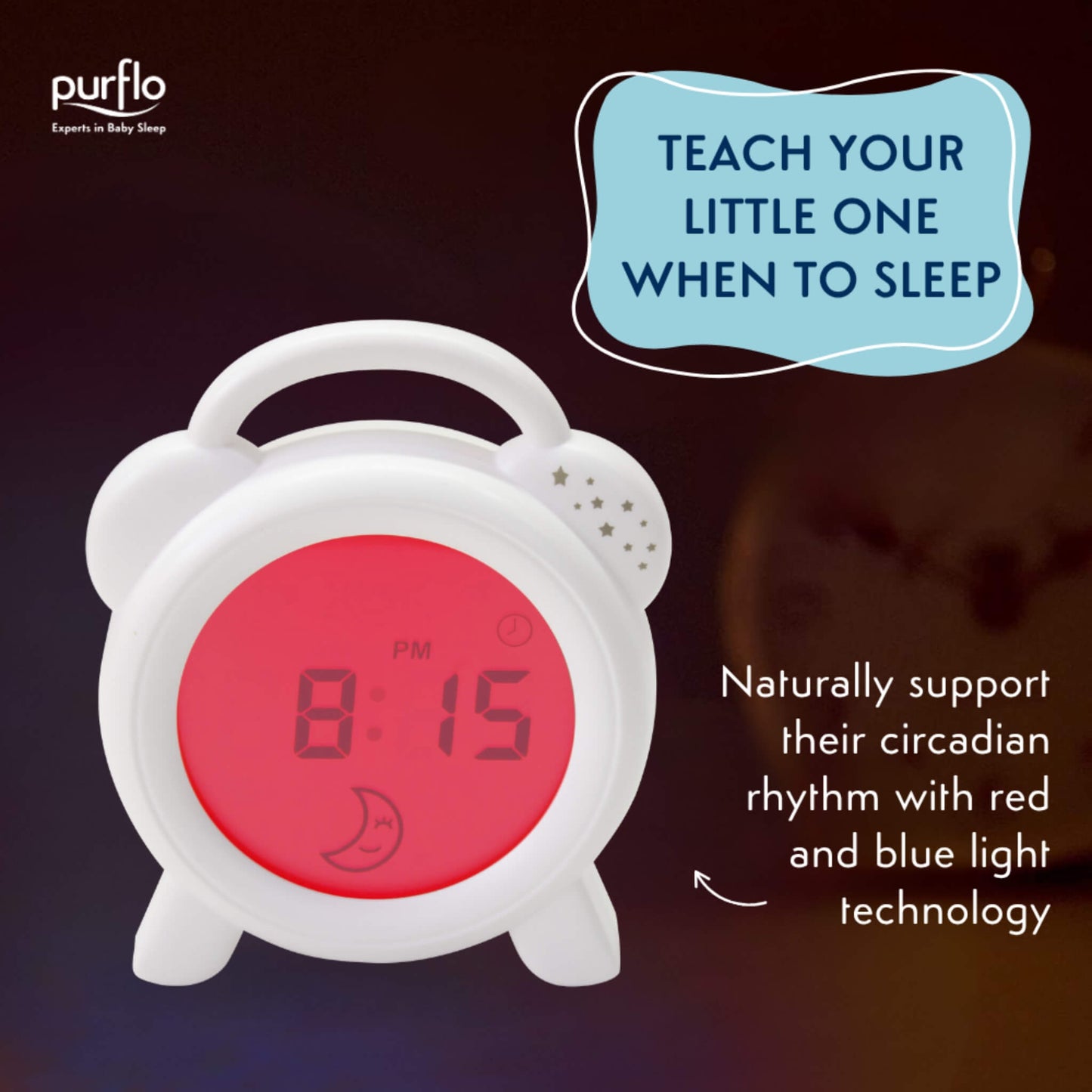 A white sleep trainer clock glowing red with a moon icon and digital time display, showing bedtime mode using red light technology.