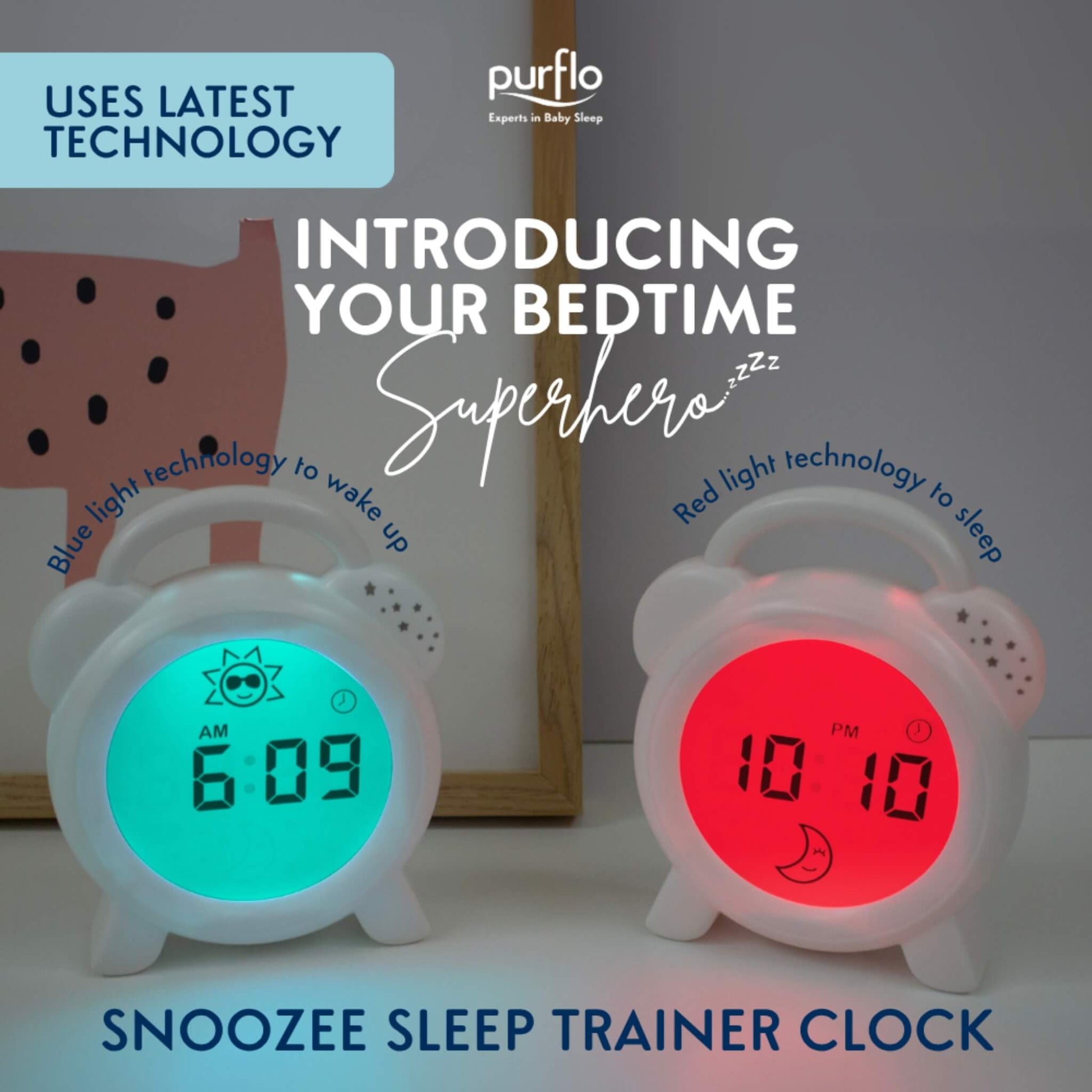 Two sleep trainer clocks side by side, one glowing blue for morning mode and one glowing red for bedtime mode, showing wake and sleep settings.