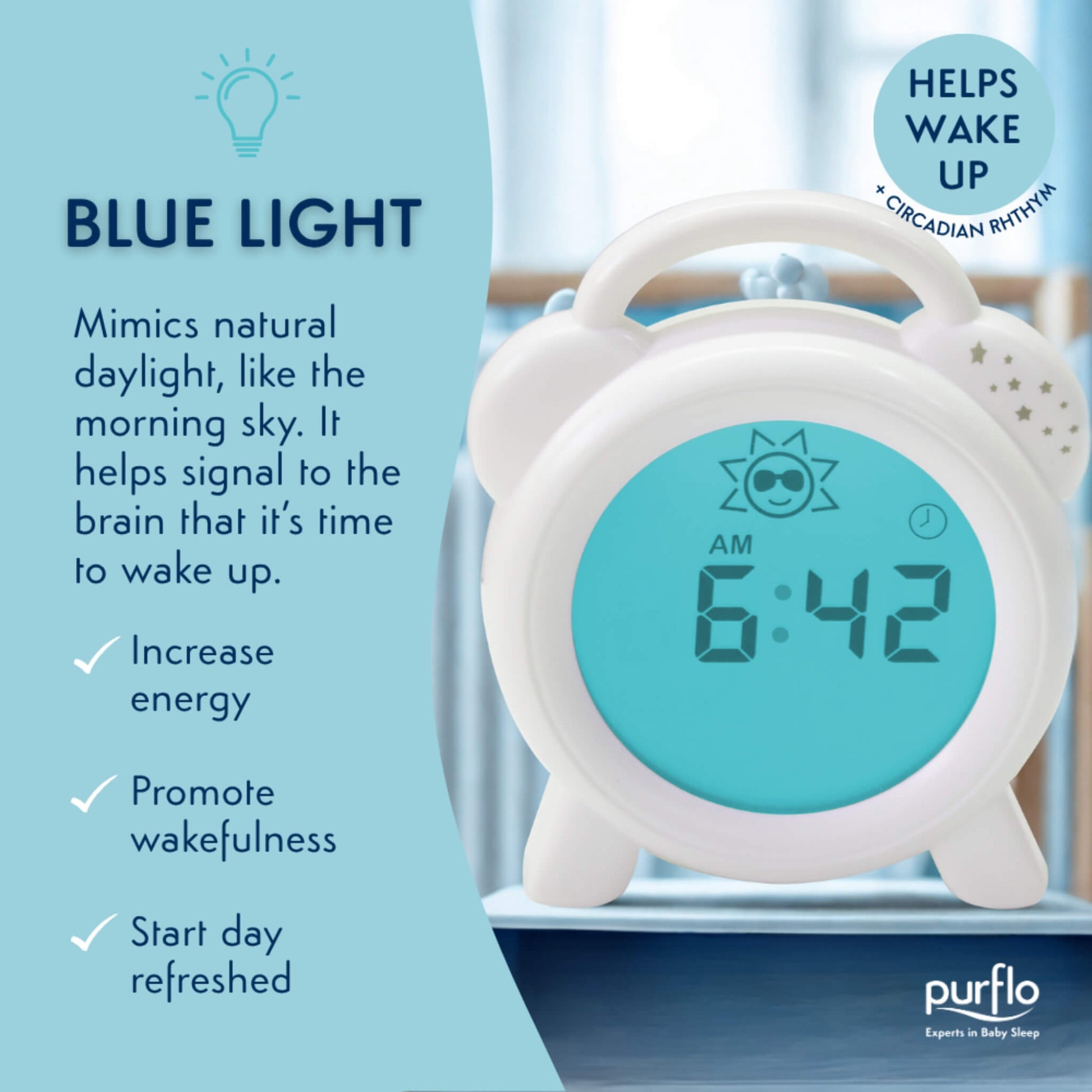 A close-up of a sleep trainer clock in blue light mode with a digital time display, illustrating morning wake-up lighting.