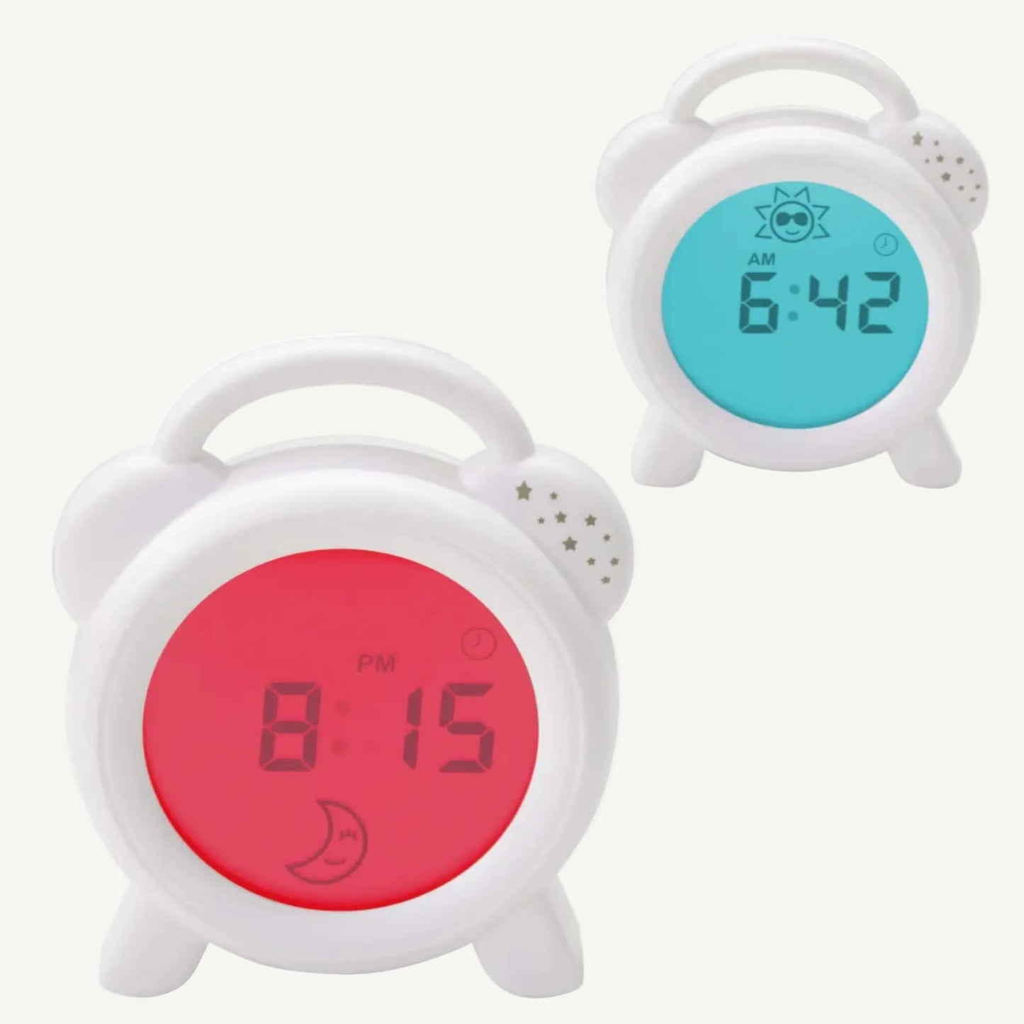 Two sleep trainer clocks shown together, one displaying red bedtime mode and one displaying blue morning mode, highlighting day and night use.