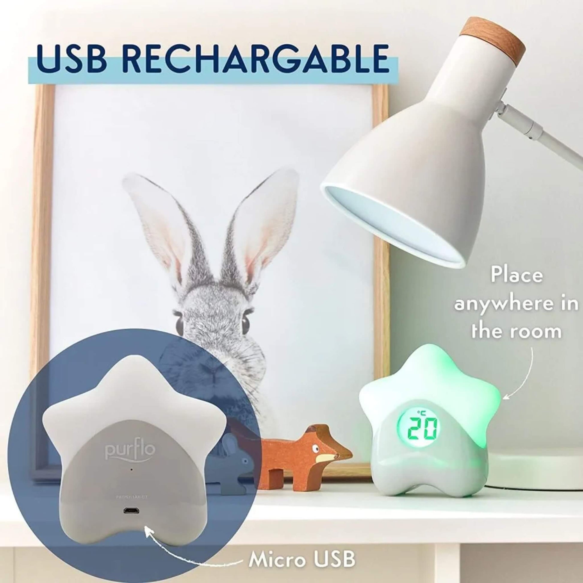 Star-shaped nursery thermometer displayed on a shelf with USB charging feature highlighted.