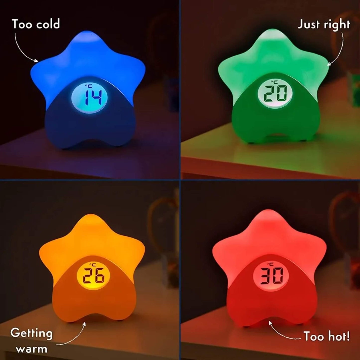 Four colour-changing temperature stages showing blue, green, amber and red light indicators with digital readings.