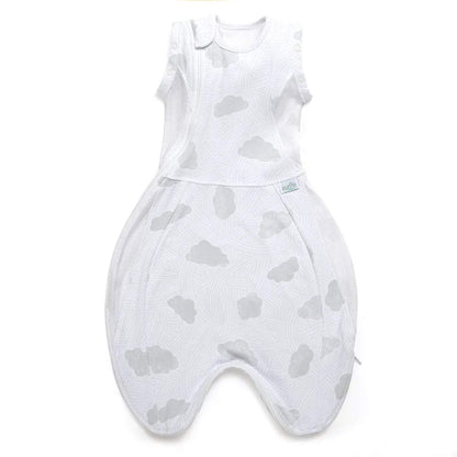 Purflo Swaddle to Sleep Bag 0.5 tog in Cotton Clouds, a lightweight white baby swaddle sleep bag with soft cloud print and breathable mesh side panels.