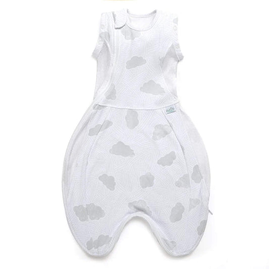 Purflo Swaddle to Sleep Bag 0.5 tog in Cotton Clouds, a lightweight white baby swaddle sleep bag with soft cloud print and breathable mesh side panels.