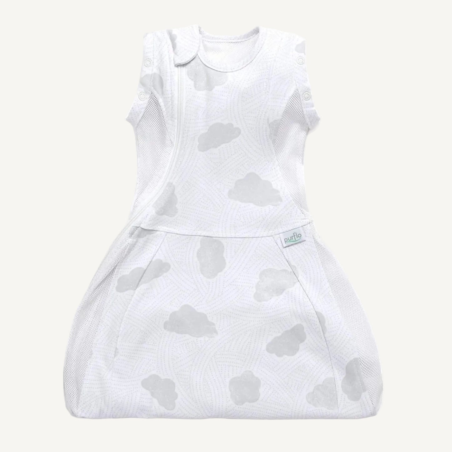 A white swaddle sleep bag with a pale grey cloud print laid flat, showing the rounded lower section and sleeveless warm-weather design.