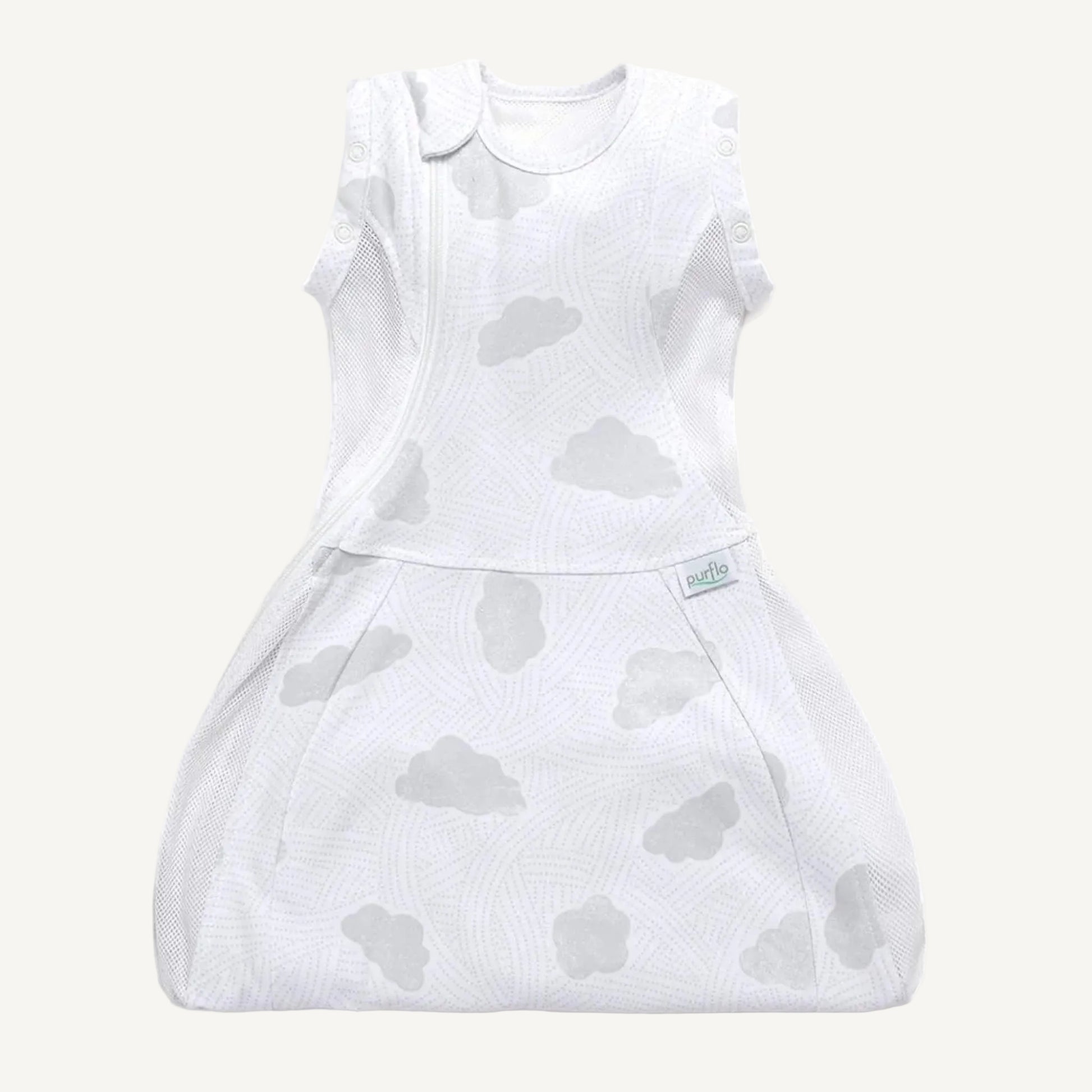 A white swaddle sleep bag with a pale grey cloud print laid flat, showing the rounded lower section and sleeveless warm-weather design.
