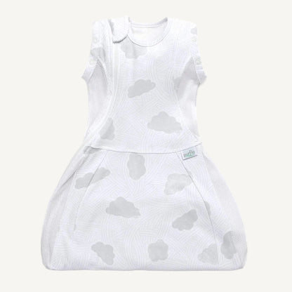 A white swaddle sleep bag with a pale grey cloud print laid flat, showing the rounded lower section and sleeveless warm-weather design.