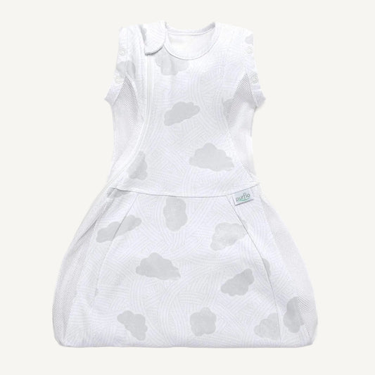 A white swaddle sleep bag with a pale grey cloud print laid flat, showing the rounded lower section and sleeveless warm-weather design.