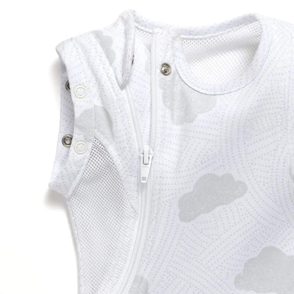 A close-up view of a white swaddle sleep bag neckline and zip fastening, showing poppers at the shoulders and breathable mesh fabric.