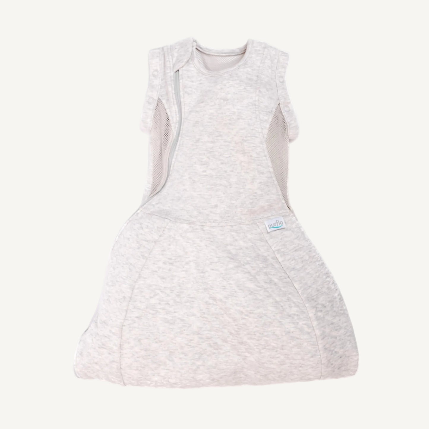 A lightweight grey swaddle sleep bag laid flat, showing the rounded lower section and sleeveless design for warmer nights.