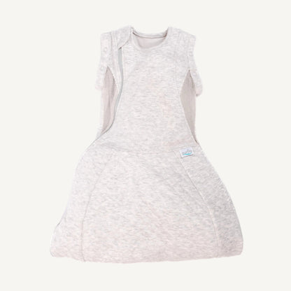 A lightweight grey swaddle sleep bag laid flat, showing the rounded lower section and sleeveless design for warmer nights.