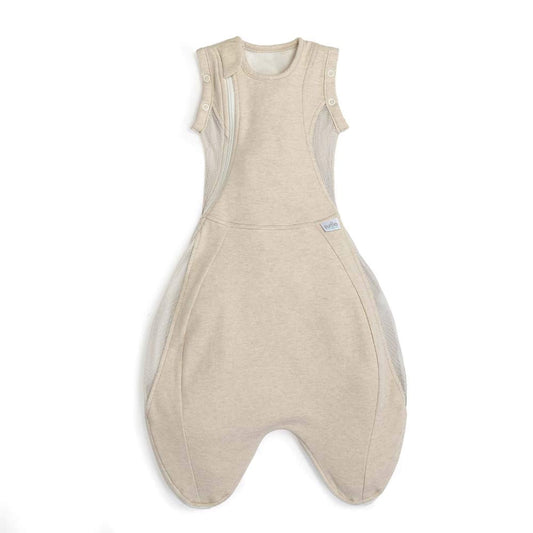 Swaddle to Sleep Bag 0.5 Tog in Summer Sand by Purflo with breathable mesh panels and popper arm openings.