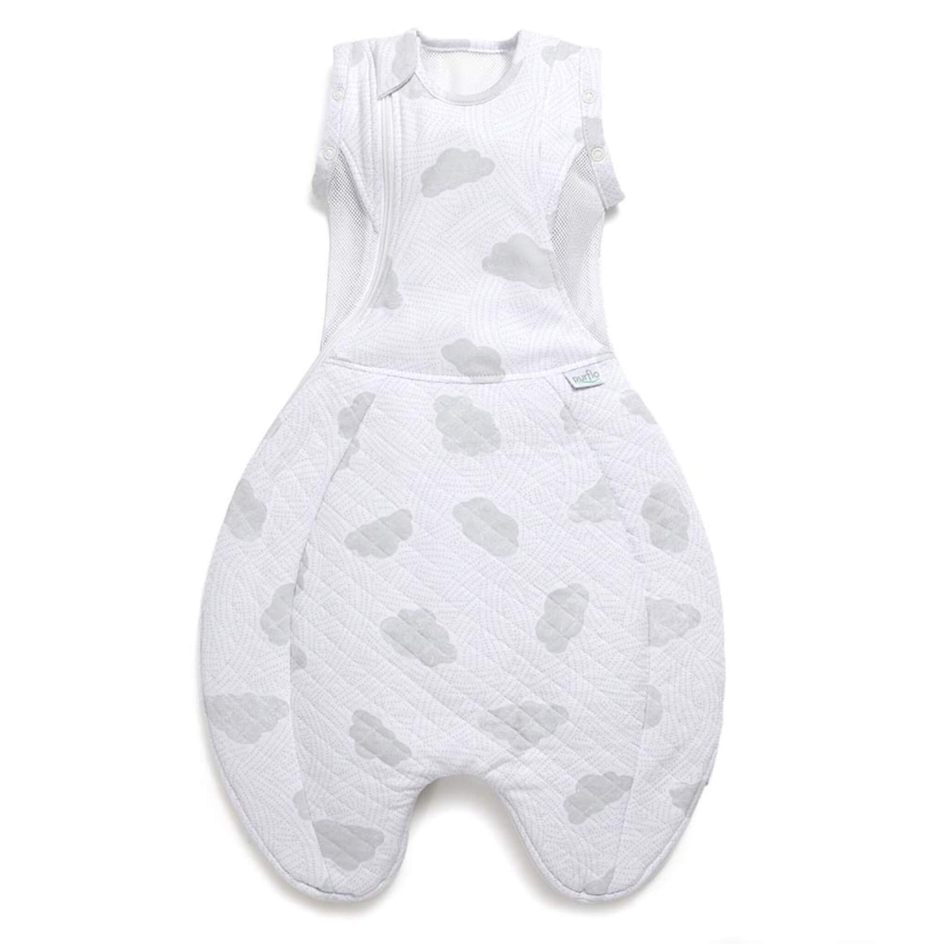 Purflo Swaddle to Sleep Bag 2.5 TOG in Cotton Clouds design, shown laid flat with breathable mesh panels and cloud pattern fabric.
