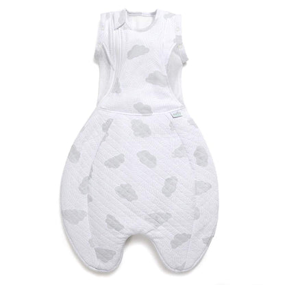 Purflo Swaddle to Sleep Bag 2.5 TOG in Cotton Clouds design, shown laid flat with breathable mesh panels and cloud pattern fabric.