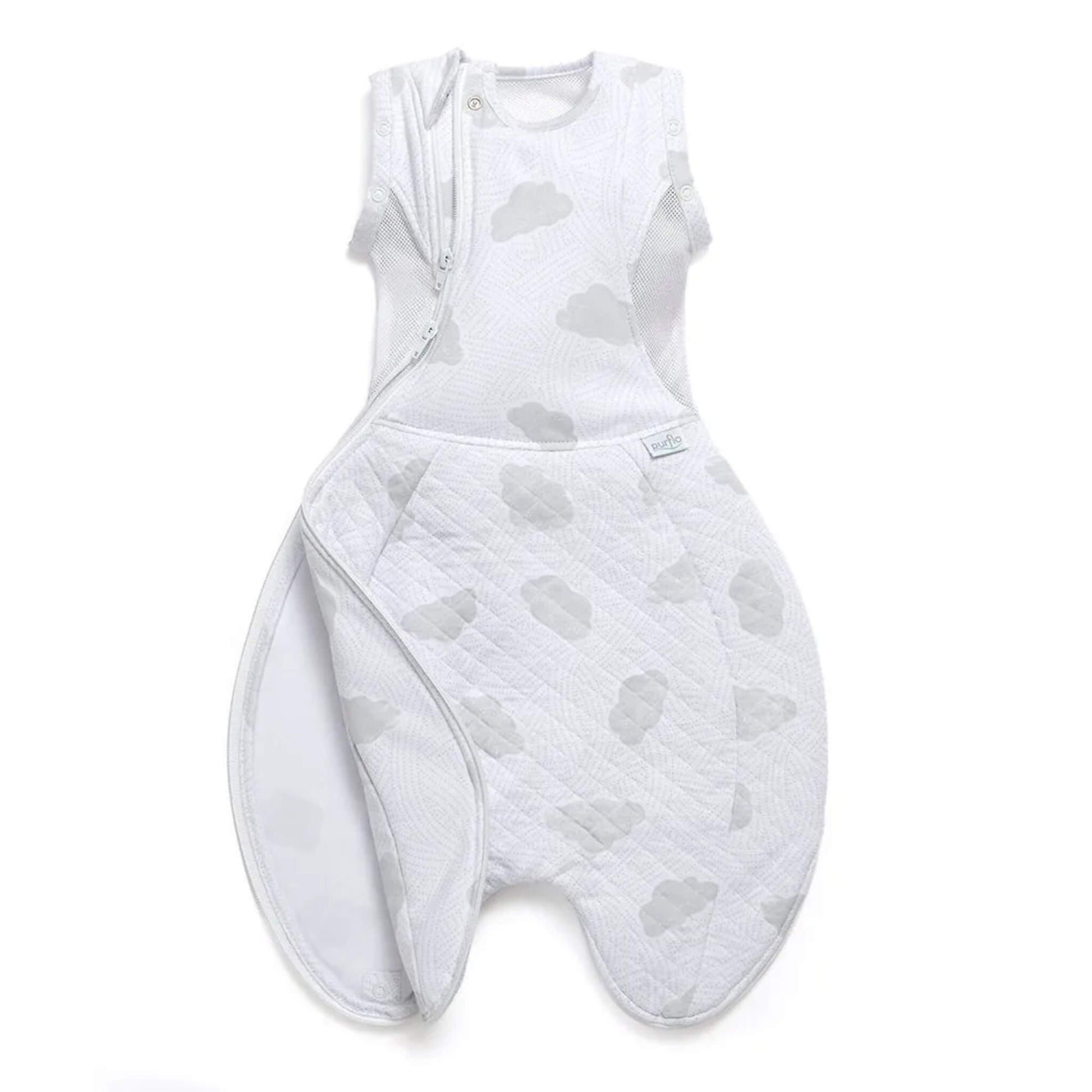 Swaddle sleep bag shown partially opened to reveal inner lining, curved zip opening and press-stud fastenings at base.