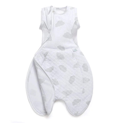 Swaddle sleep bag shown partially opened to reveal inner lining, curved zip opening and press-stud fastenings at base.