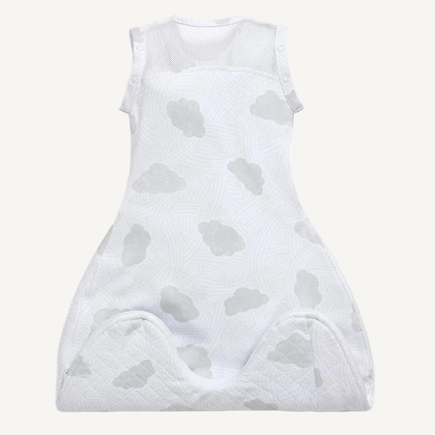 Rear view of swaddle sleep bag showing large breathable mesh panel across upper back and shoulders.