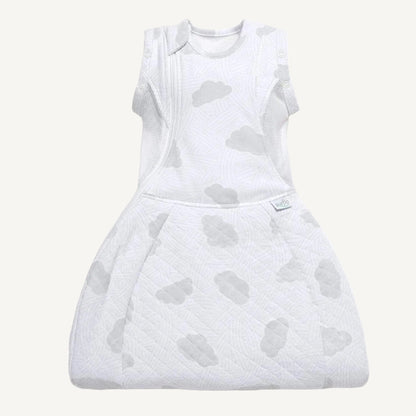 Front view of swaddle sleep bag showing asymmetric zip, shoulder poppers and mesh ventilation panels at sides.