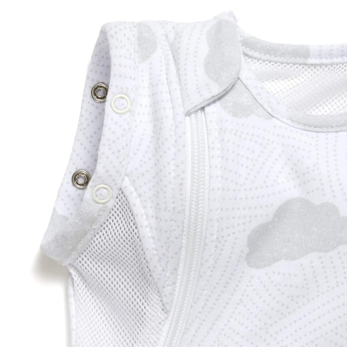 Close-up of shoulder poppers and arm opening showing arms-in or arms-out swaddling option.