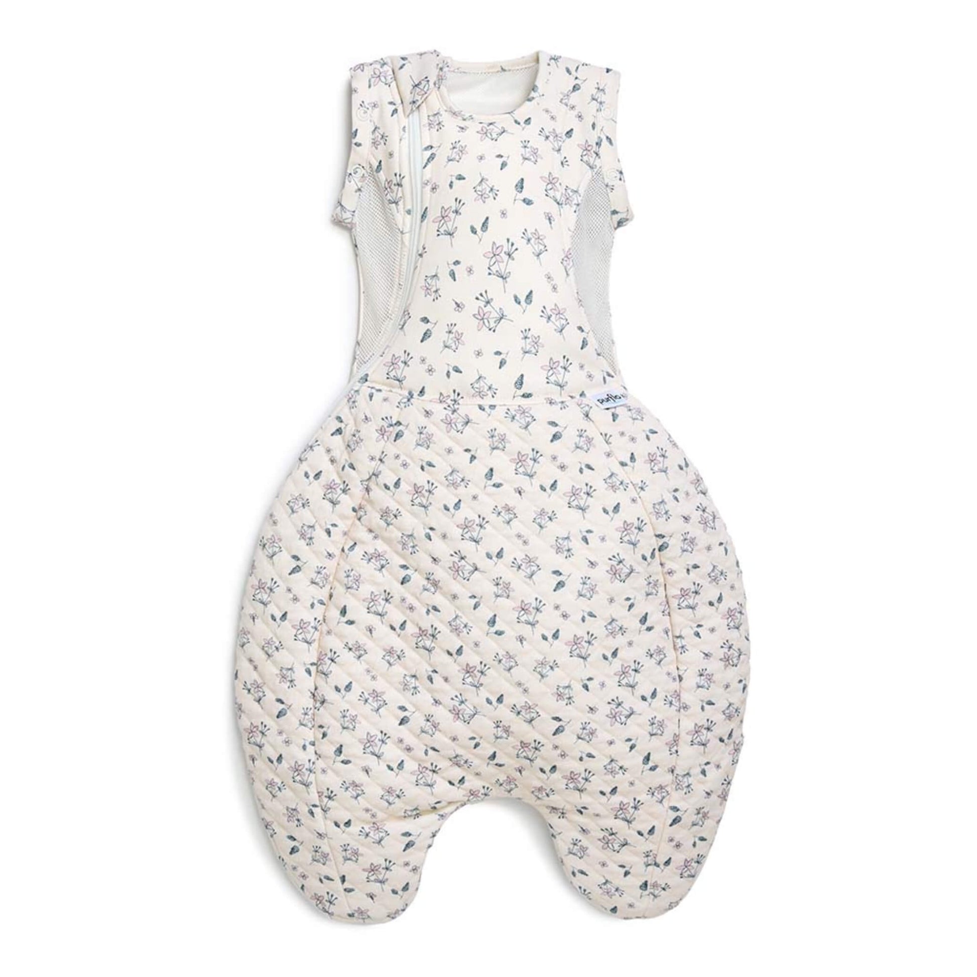 Purflo Swaddle to Sleep Bag 2.5 Tog Daisy Dreams shown laid flat, featuring a floral print, breathable mesh side panels, and a hip-healthy shaped lower section.