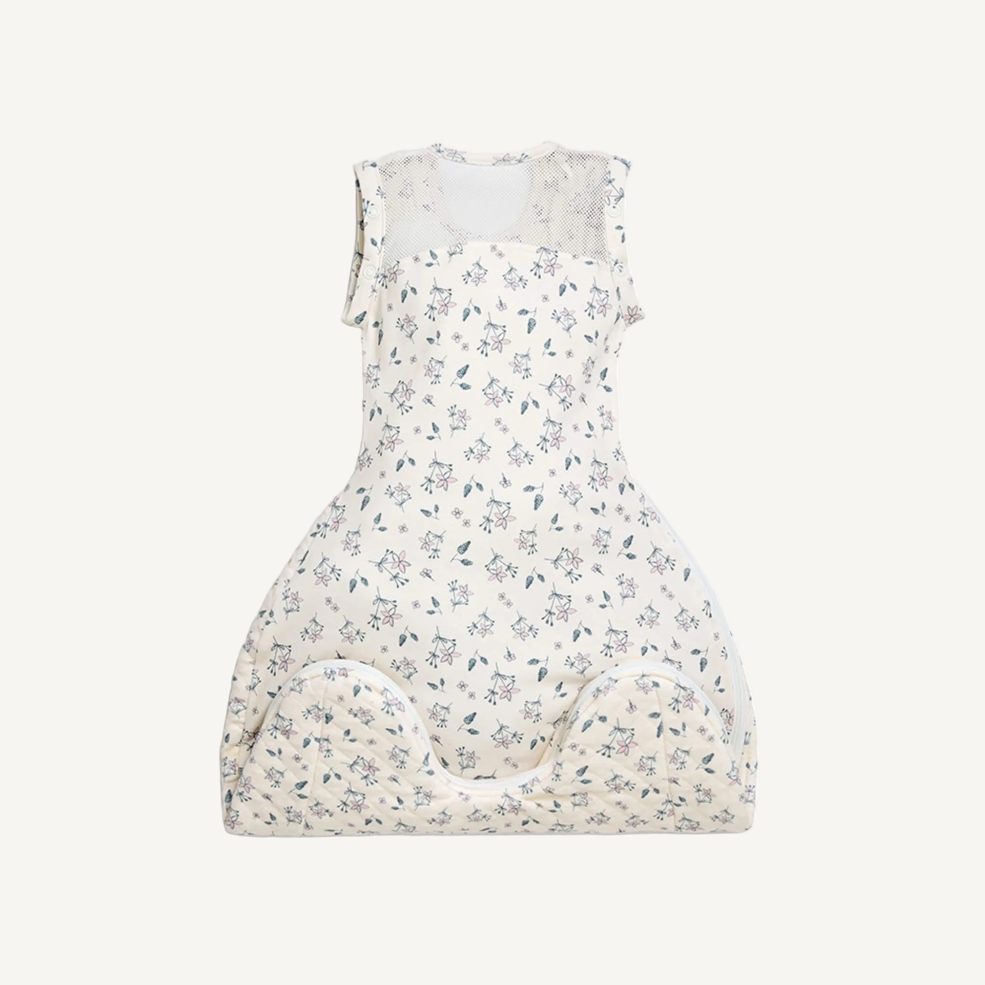 A rear view of a swaddle to sleep bag laid flat, showing the full-width breathable mesh panel across the upper back and shoulders.