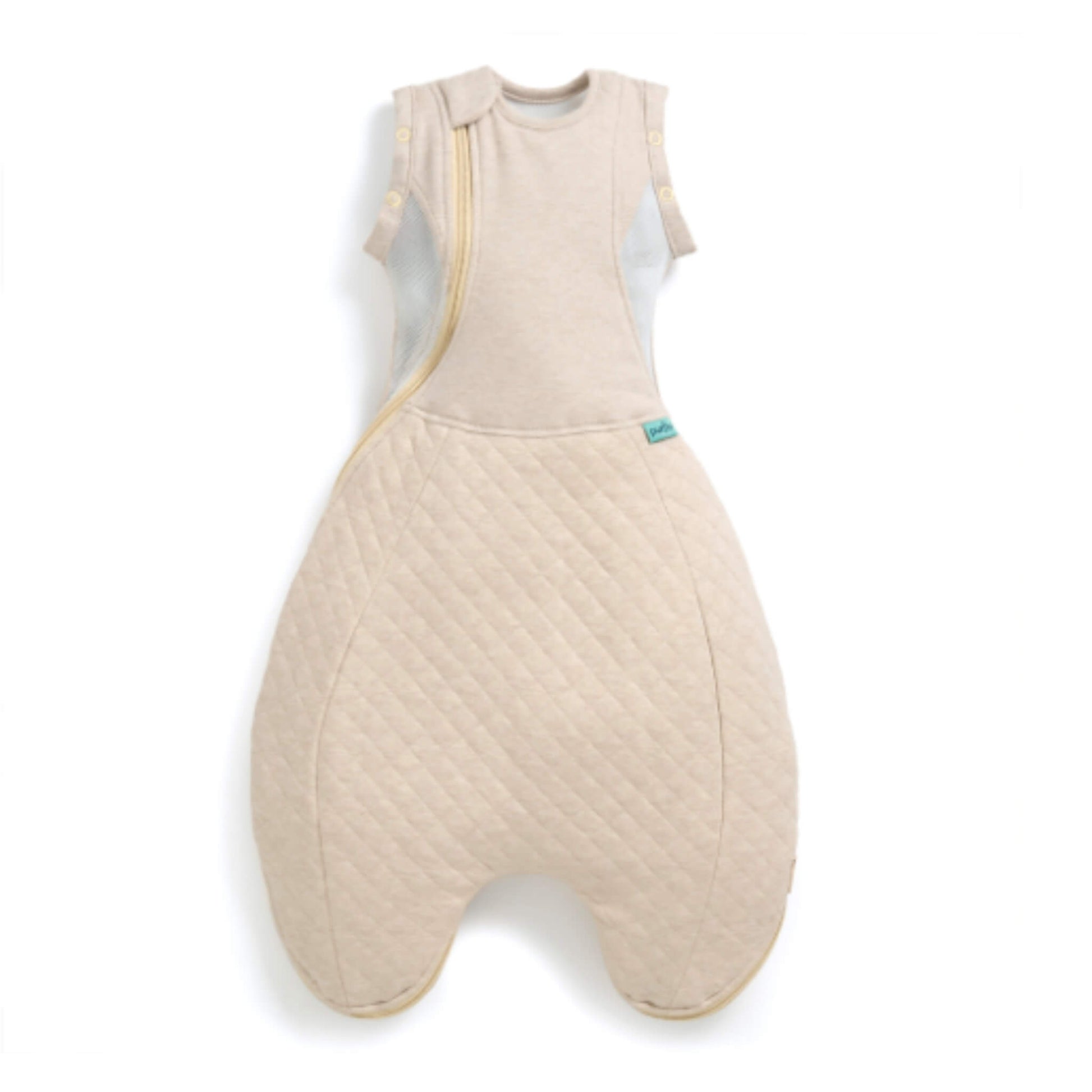 Purflo Swaddle to Sleep Bag 2.5 Tog in Hazel laid flat, showing quilted lower section, sleeveless design, and curved zip opening.