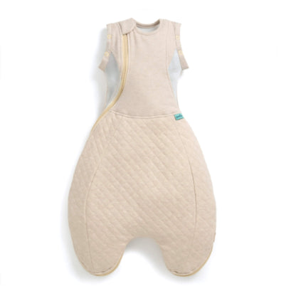 Purflo Swaddle to Sleep Bag 2.5 Tog in Hazel laid flat, showing quilted lower section, sleeveless design, and curved zip opening.